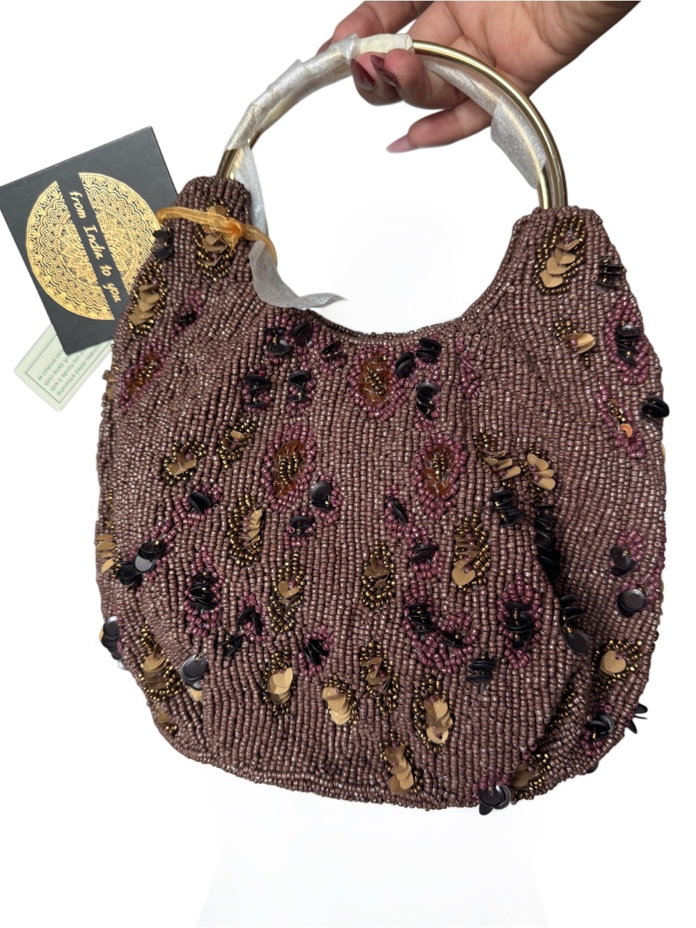 NWT From India To You Brown Beaded Sequin Handbag